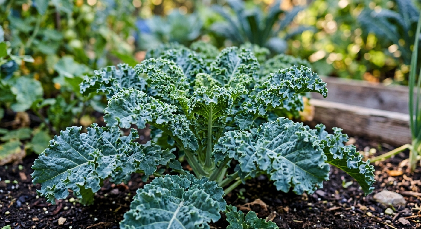 Close-up of vibrant blue curled Scotch kale growing in a sunny, well-maintained garden bed.