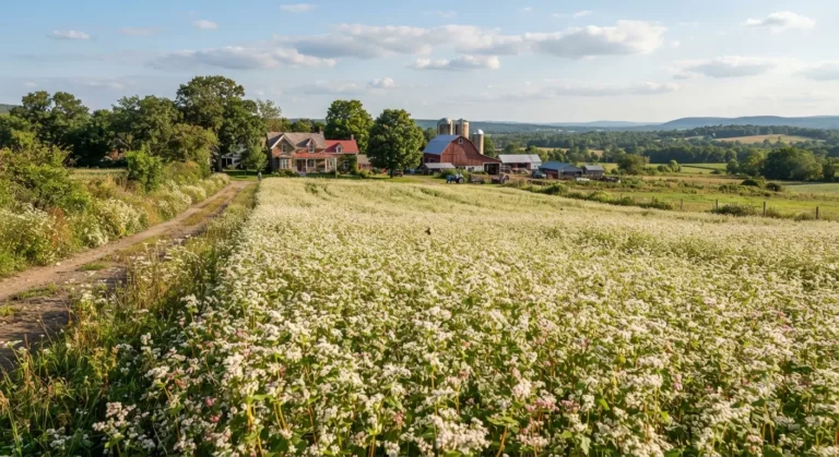 Buckwheat field in full white bloom with a farmhouse and red barn behind.