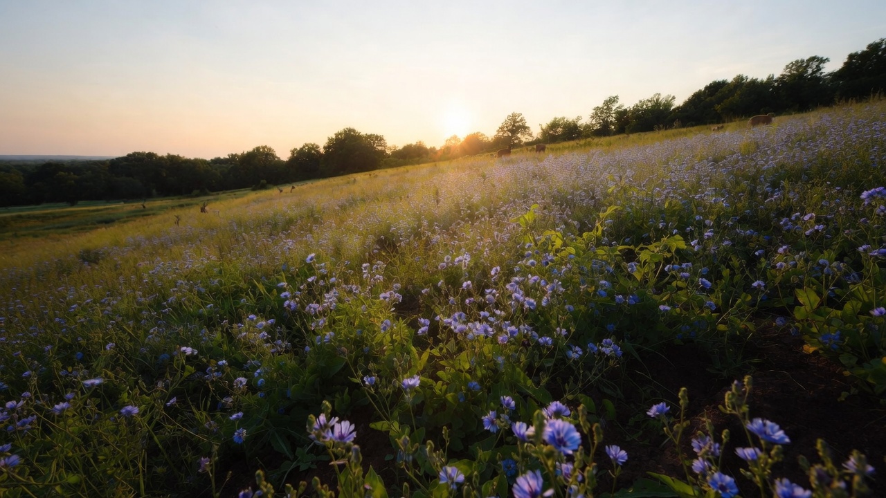 Natural chicory food plot for deer with blue flowers in a wild field at golden hour, high angle view.