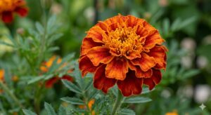 A vibrant close-up photo of a blooming French marigold with orange and deep red petals in a garden.