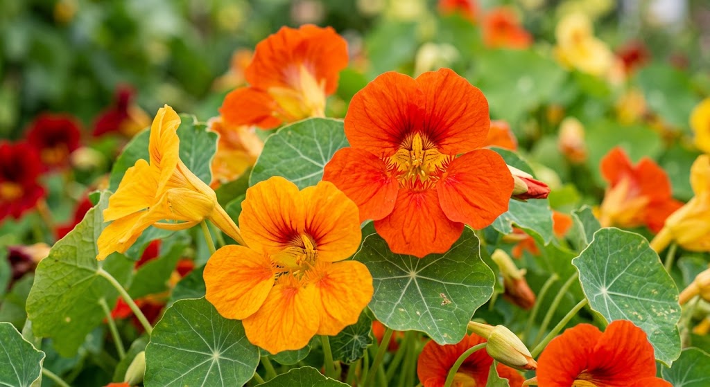 Close-up shot of vibrant orange and yellow nasturtium flowers with distinct green lily-pad-shaped leaves in a garden.