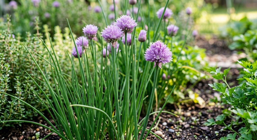 Close-up of mature common chives (Allium schoenoprasum) displaying vibrant purple, globe-shaped flowers growing in a healthy garden bed.