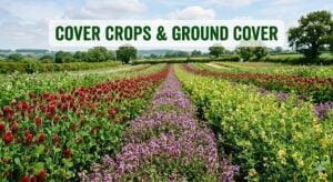 cover-crops-and-ground-cover-field Vivid rows of mature cover crops including red crimson clover, purple wild thyme, and yellow fenugreek in a rolling field, with the text overlay "Cover Crops & Ground Cover" in deep green.
