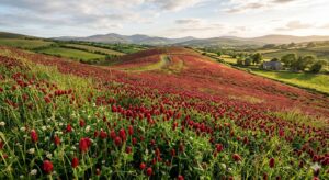 Vibrant crimson clover blooming across rolling green hills under a bright sky.