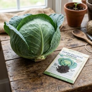 Danish Ballhead cabbage head next to an organic seed packet with seeds on a wooden table.