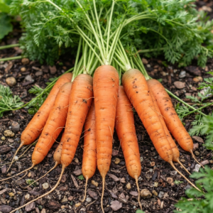 A cluster of freshly harvested, tapered Danvers carrots with green tops lying in dark garden soil.