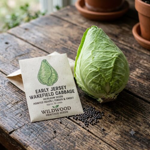 A closeup shot of a conical Early Jersey Wakefield cabbage head next to a kraft paper heirloom seed packet with small round cabbage seeds spilled onto a rustic wooden tabletop.