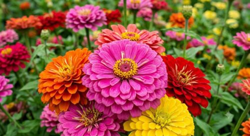 Close-up view of vibrant, colorful Giant Zinnia flowers in pink, orange, yellow, and red blooming in a garden.