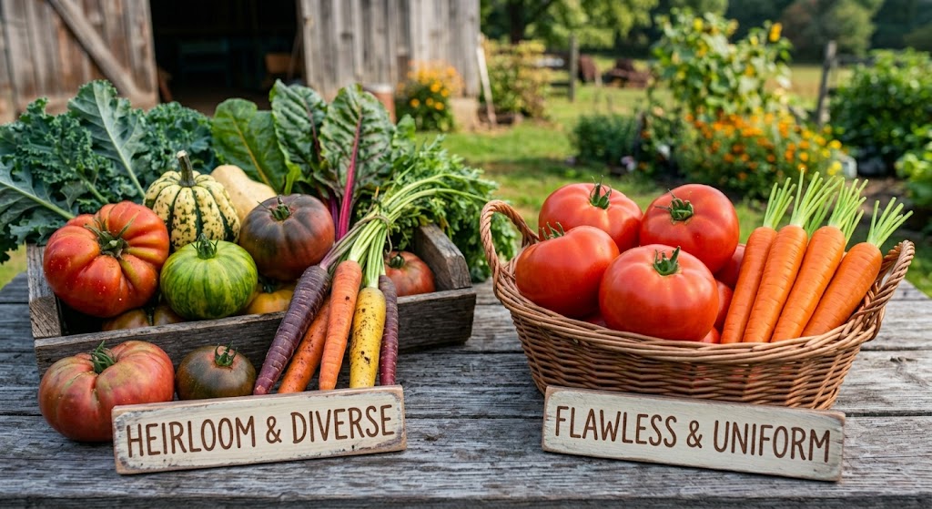 Side-by-side comparison of diverse, colorful heirloom vegetables in a crate and uniform, flawless hybrid vegetables in a basket.