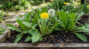 A close-up view of vibrant yellow dandelions and a white seed puff growing alongside tall, wide green leaves in a wooden garden box filled with dark, rich soil.