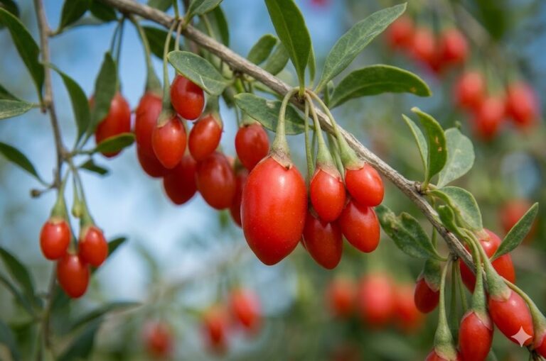 A cluster of bright red, fully ripe goji berries growing on a branch with green leaves against a blue sky, demonstrating the final result of growing goji berries from seed.