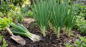 A freshly harvested bunch of clean green onions with white roots lying next to a garden trowel on rich soil, with a row of growing Ishikura green onions in the background.