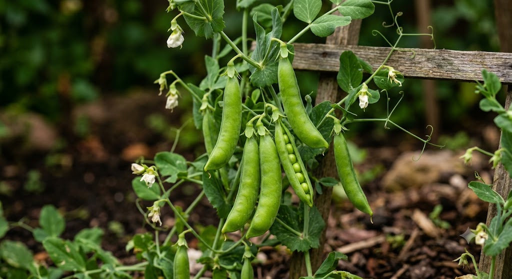 A close-up of plump, green pea pods ready for harvest on a vine against a dark, contrasting soil and wooden trellis background.