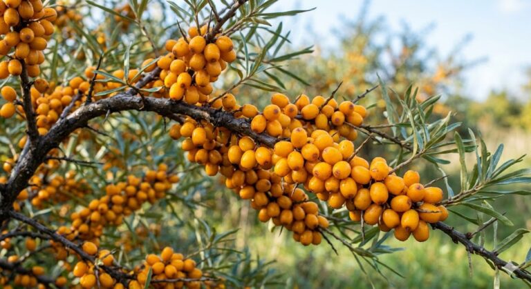 A detailed closeup of a sea buckthorn branch heavily laden with clusters of ripe, vibrant orange berries nestled among narrow, silvery-green leaves under natural outdoor light.