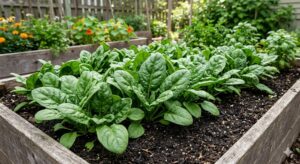 Lush, mature green spinach plants ready for harvest growing in rich, dark soil inside a wooden raised garden box.