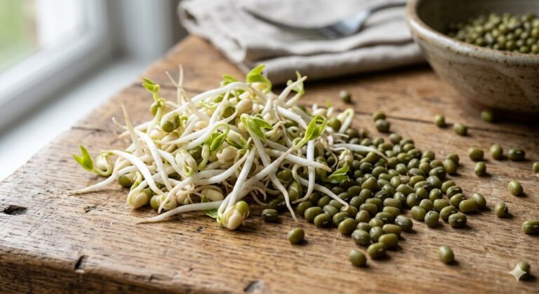 A close-up view of freshly grown mung bean sprouts piled on a rustic wooden table next to a scattered pile of raw, green mung bean seeds.