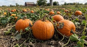 Close-up of large, ripe orange pumpkins on thick vines ready for harvest in a farm field.