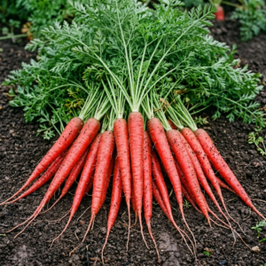 A close-up, square photograph of a freshly harvested bunch of long, slender Atomic Red carrots with vibrant red roots and lush green tops, lying on rich, dark garden soil.