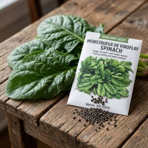Close-up of fresh, textured Monstrueux de Viroflay spinach leaves next to an heirloom seed packet with dark spinach seeds spilled onto a rustic wooden table.