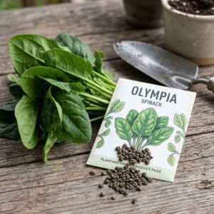 A fresh bunch of smooth, dark green Olympia spinach leaves next to an illustrated seed packet with spinach seeds scattered on a rustic wooden table.
