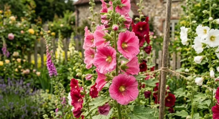Close-up of vibrant pink hollyhock flowers blooming on a tall stalk in a rustic cottage garden.