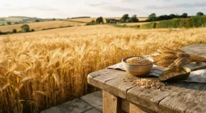 A rustic wooden table in a field of ripe, golden barley, featuring a bowl and metal scoop filled with barley seeds.