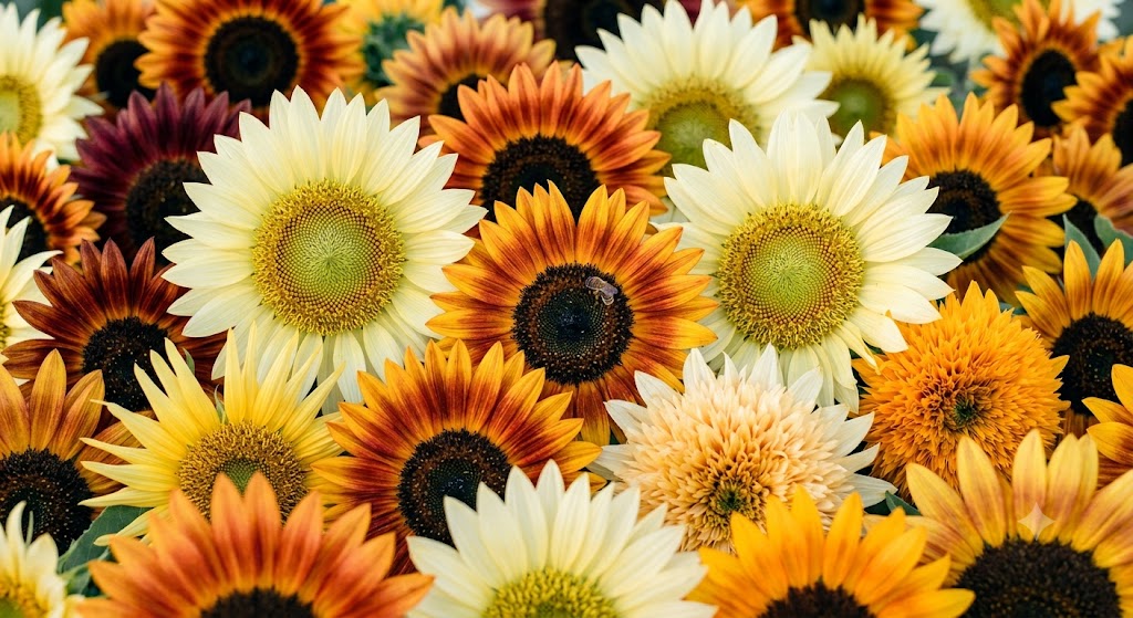 A dense, crisp macro shot of mixed sunflower varieties, showcasing deep burgundy, terracotta orange, and fluffy double-bloomed Teddy Bear pom-pom sunflowers packed tightly together.