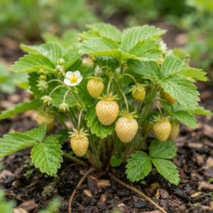 yellow-wonder-strawberry-plant-close-up Close-up view of a Yellow Wonder strawberry plant showing ripe yellow berries, green foliage, and white blossoms in a garden setting.
